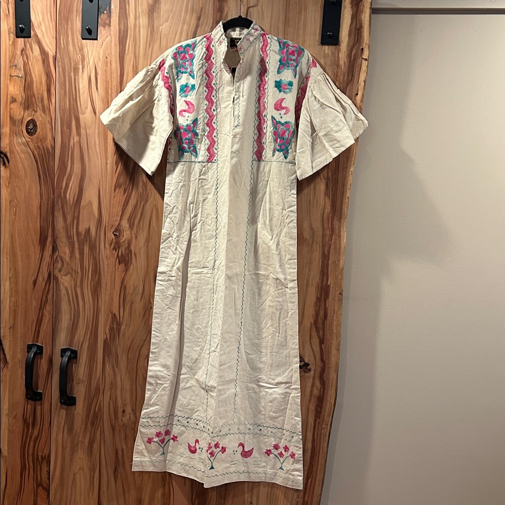 Vintage Embroidered Cream Maxi Dress with Pink & Teal Floral Detail - India